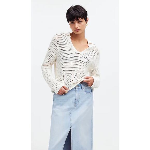 Madewell Crochet Polo Sweater Bright Ivory White XXS NWT - Picture 2 of 7